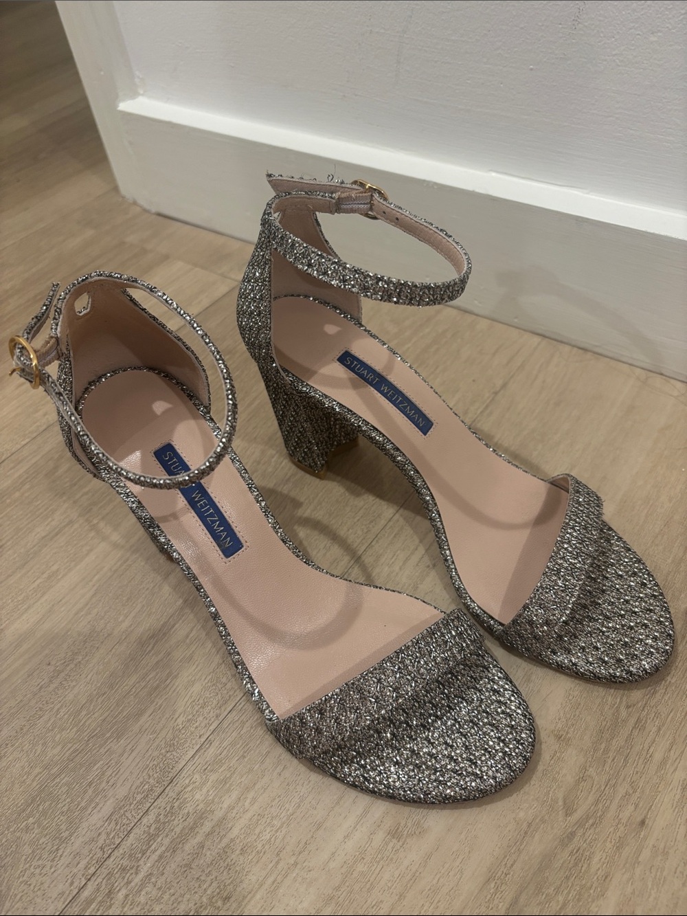 Stuart Weitzman Silver Glitter Ankle-Strap Block Heels